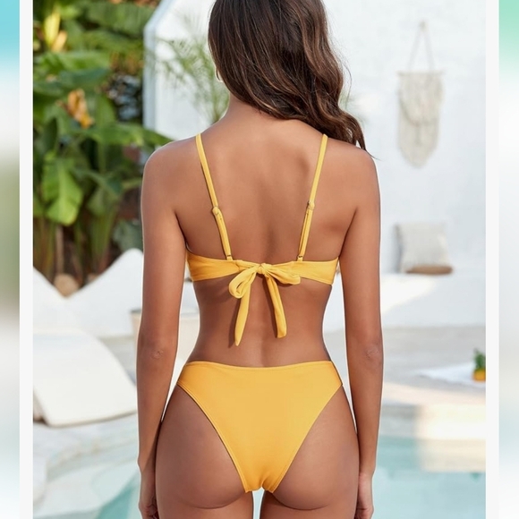 Underwire Bikini Sets Ribbed Bathing Suit High Cut Set yellow Sz L‎ - Picture 2 of 5